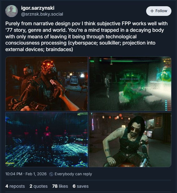 Cyberpunk 2 creative director explains why V wouldn't have worked in third-person.