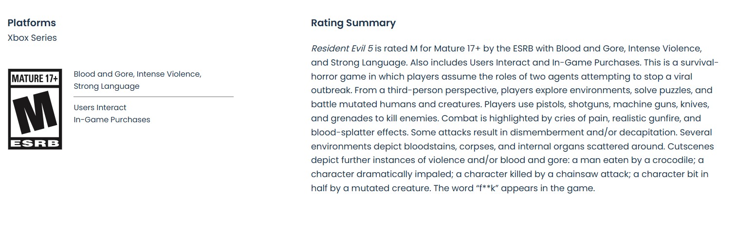 The Resident Evil 5 remake ESRB rating is for Xbox Series consoles.
