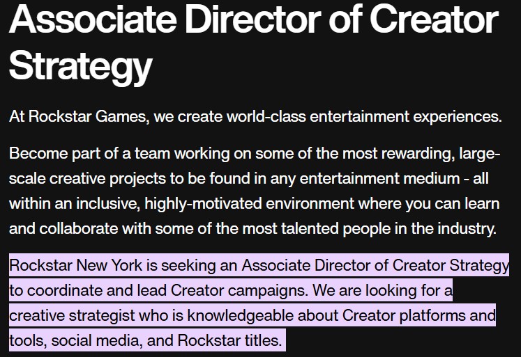 Rockstar Games is hiring an Associate Director to create a dedicated team for content creator and fan engagement.