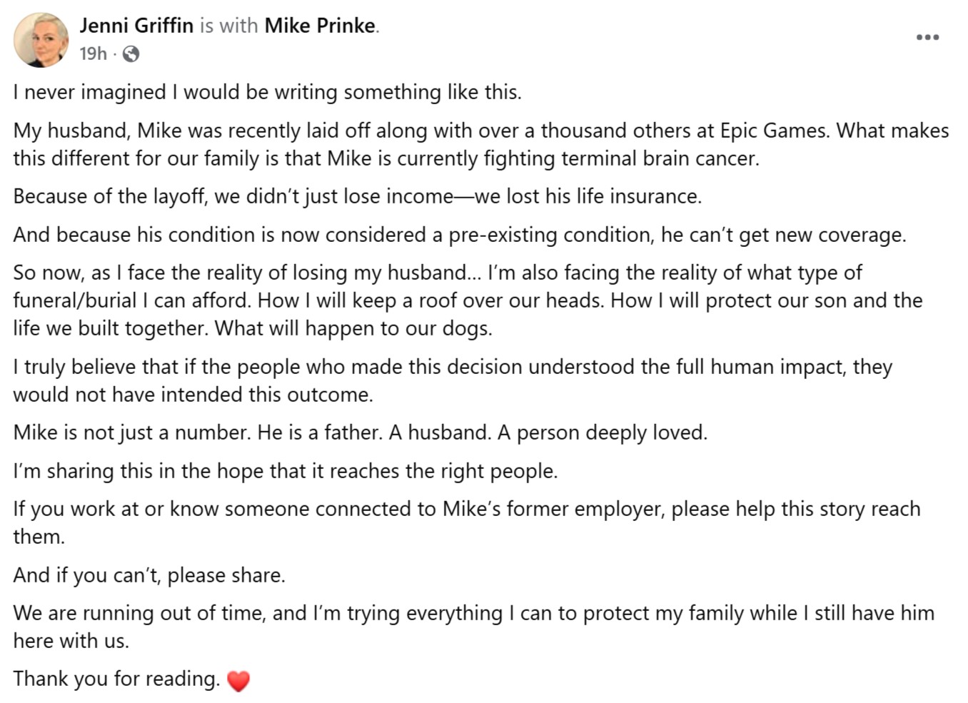 Epic Games terminally ill layoff