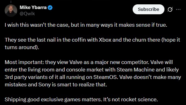 mike ybarra valve sony competition