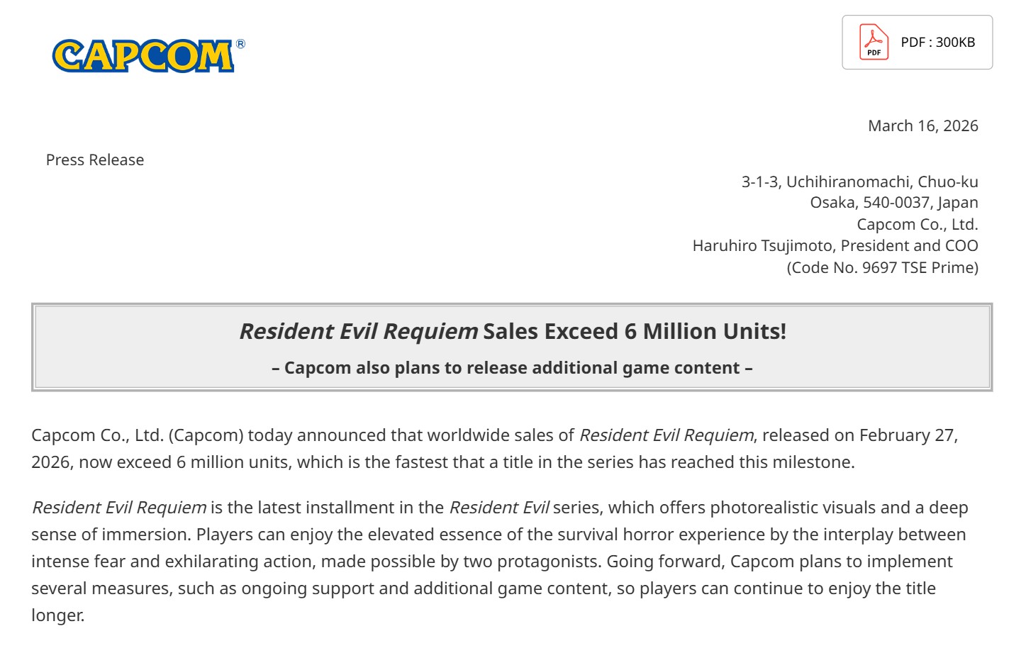 Capcom Resident Evil Requiem