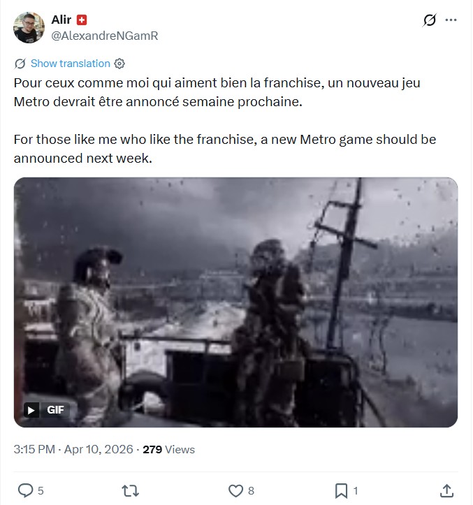 A new Metro title will reportedly get revealed next week, insider claims.