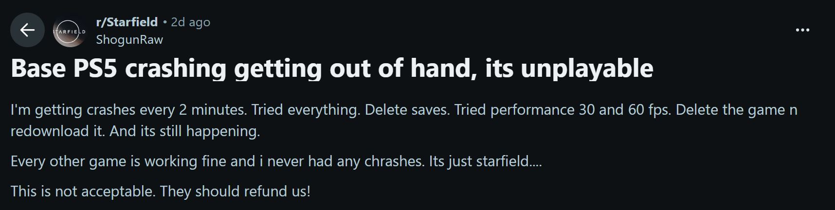 Starfield Refund Due To Crashing on PS5
