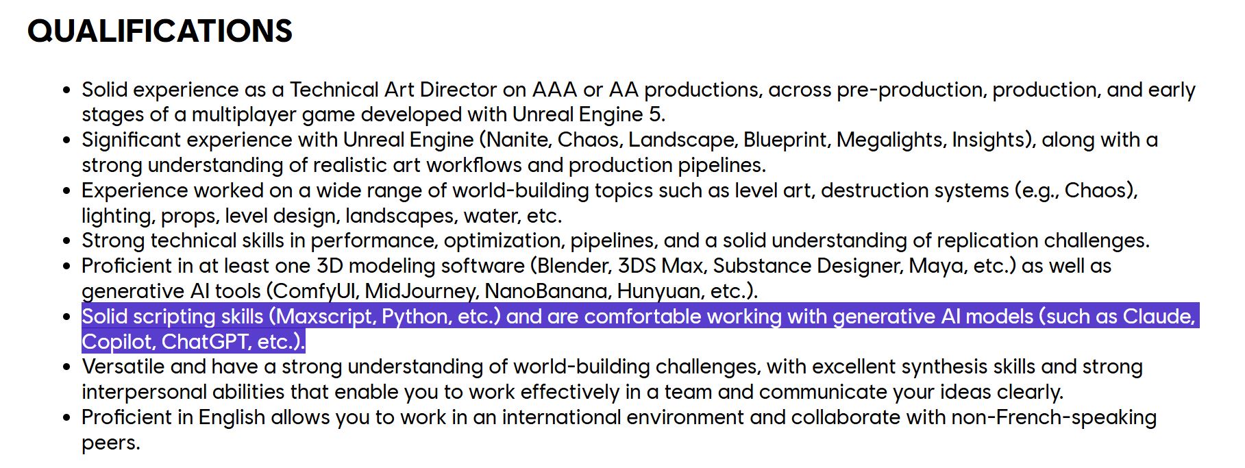 Ubisoft Technical Art Director Job Listing ChatGPT Experience