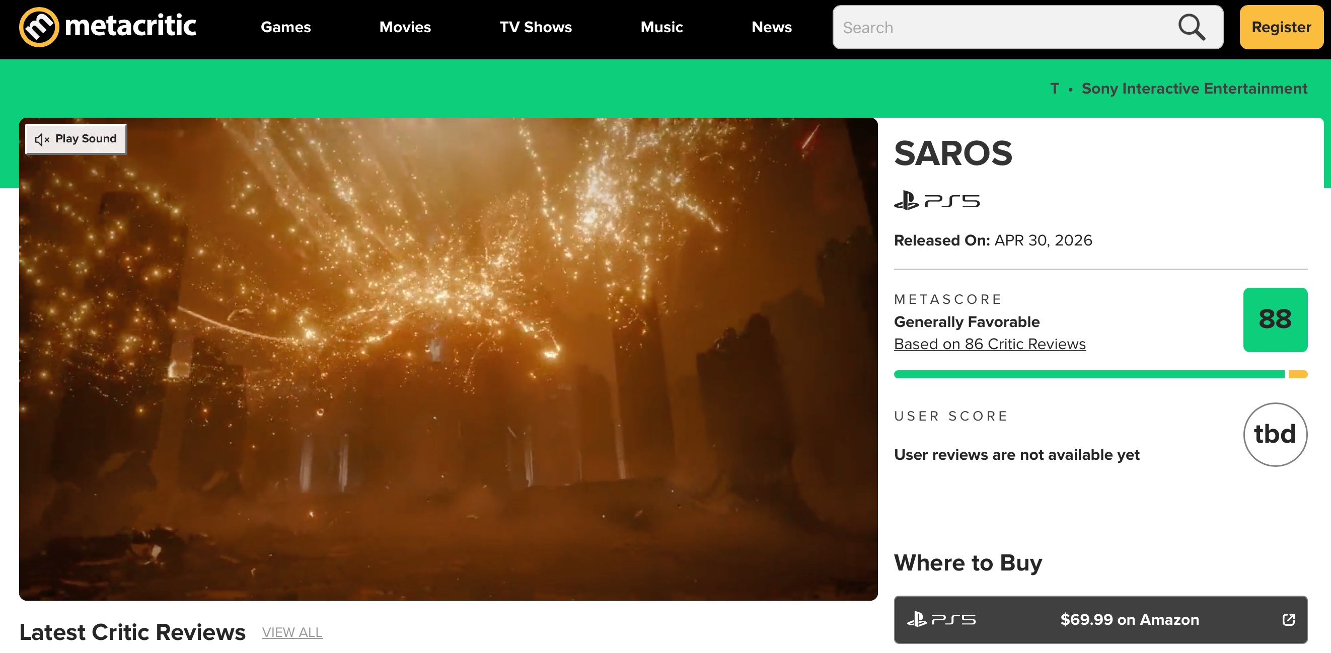 Saros Metacritic