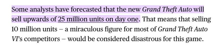 GTA 6 is expected to sell 25 million copies on day one to be considered successful.