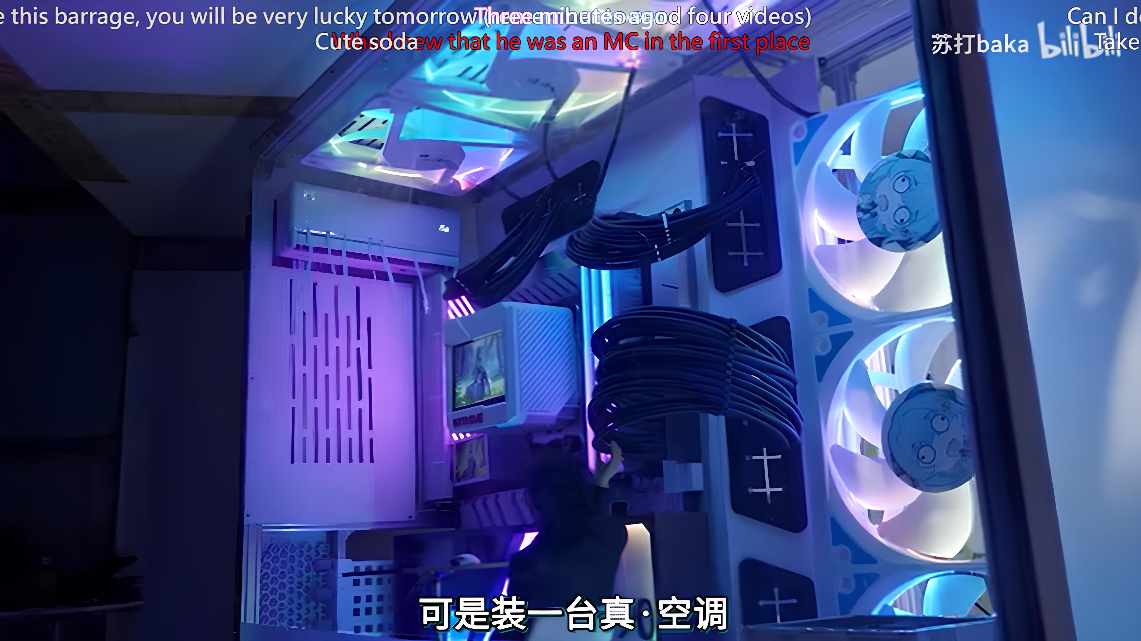 The oversized PC tower used real hardware alongside fabricated gigantic props.