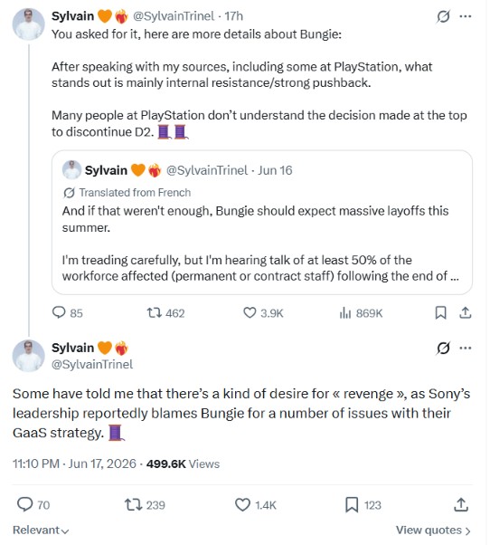 French journalist Sylvain claims Sony blames Bungie for a number of its live-service woes.