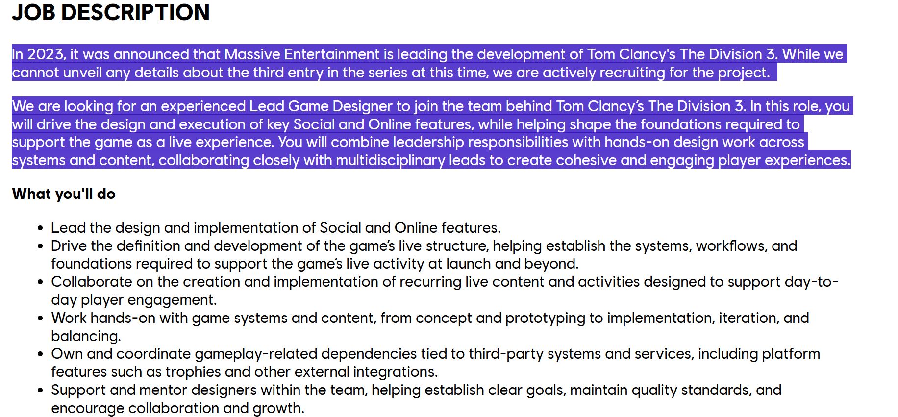 The Division 3 Lead Game Designer