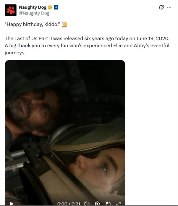 Naughty Dog celebrated The Last of Us Part 2's 6th anniversary.