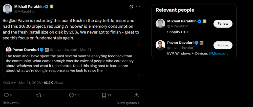 A tweet revealing Microsoft's secret 20/20 project that aimed to reduce Windows 11 bloat, spearheaded by Mikhail Parakhin, i.e., the former top-dog with respect to Windows and Bing operations. (Image Credits - Windows Latest)