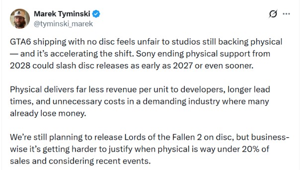 The Lords of the Fallen studio CEO says most publishers will abandon discs in as early as 2027 following Sony's move.
