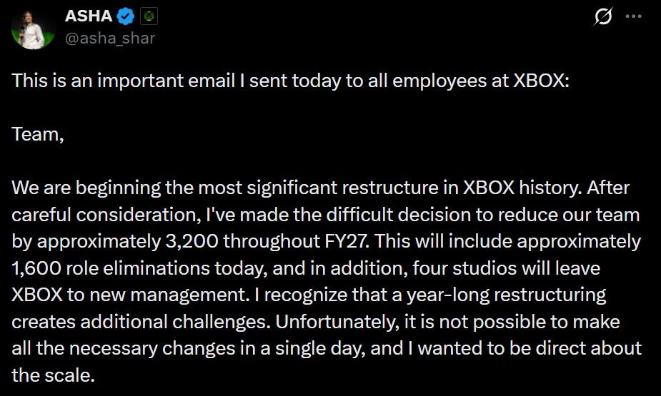 Xbox CEO Asha Sharma Announces Layoffs For 2026