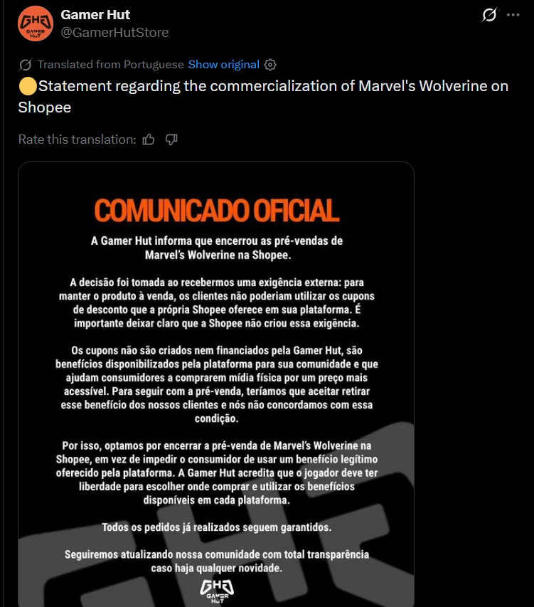 The local Brazilian store at the Shopee platform was forced to sell Marvel's Wolverine without discount coupons, so they halted the pre-order sales instead.