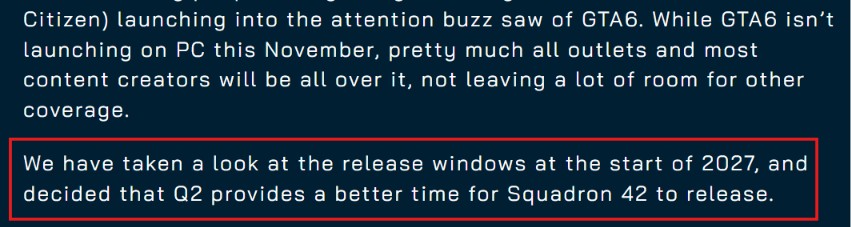 Star Citizen's single player campaign, Squadron 42, has been delayed to Q2 2027.