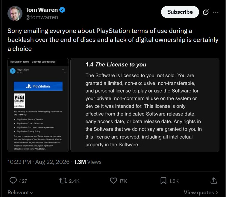 Sony is sending emails to remind gamers they only purchase licenses of digital games, not ownership.