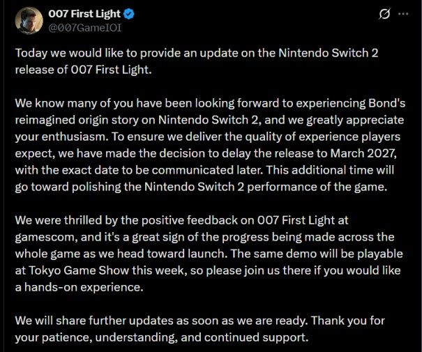 007 First Light has been delayed to March 2027 on Nintendo Switch 2.
