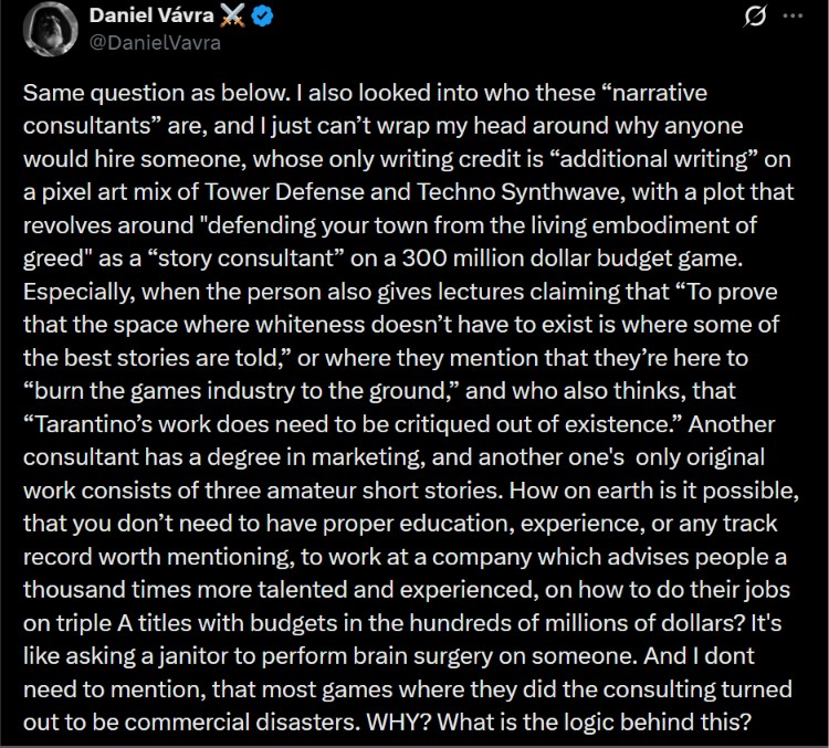 Kingdom Come Deliverance director & Warhorse founder Daniel Vavra says Sweet Baby Inc. are not the experts developers think they are.