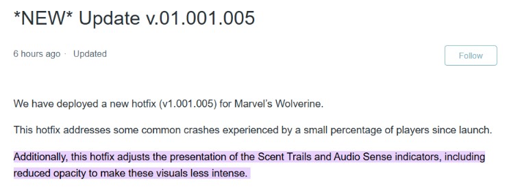 Insomniac Games has nerfed the scent trail and audio sense indicators, making them less intense and opaque.