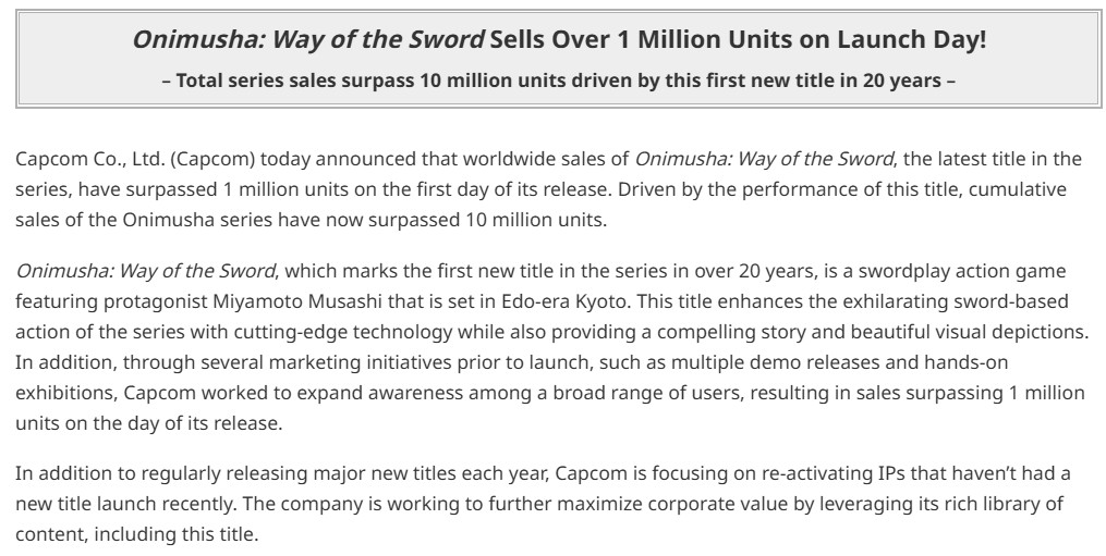 Onimusha: Way of the Sword Sales Milestone