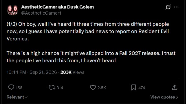 Resident Evil: Veronica has been internally delayed to fall next year.