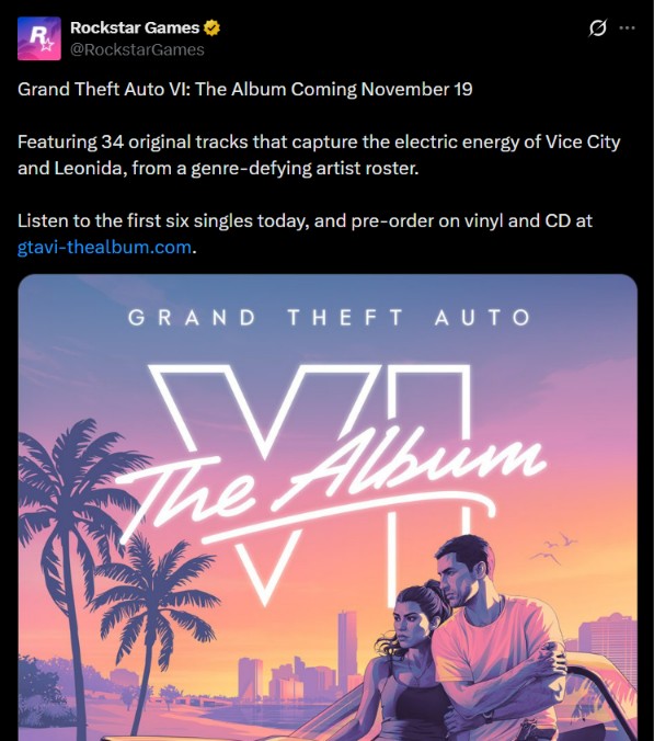 Rockstar Games has confirmed a music album for GTA 6 featuring 34 original tracks.
