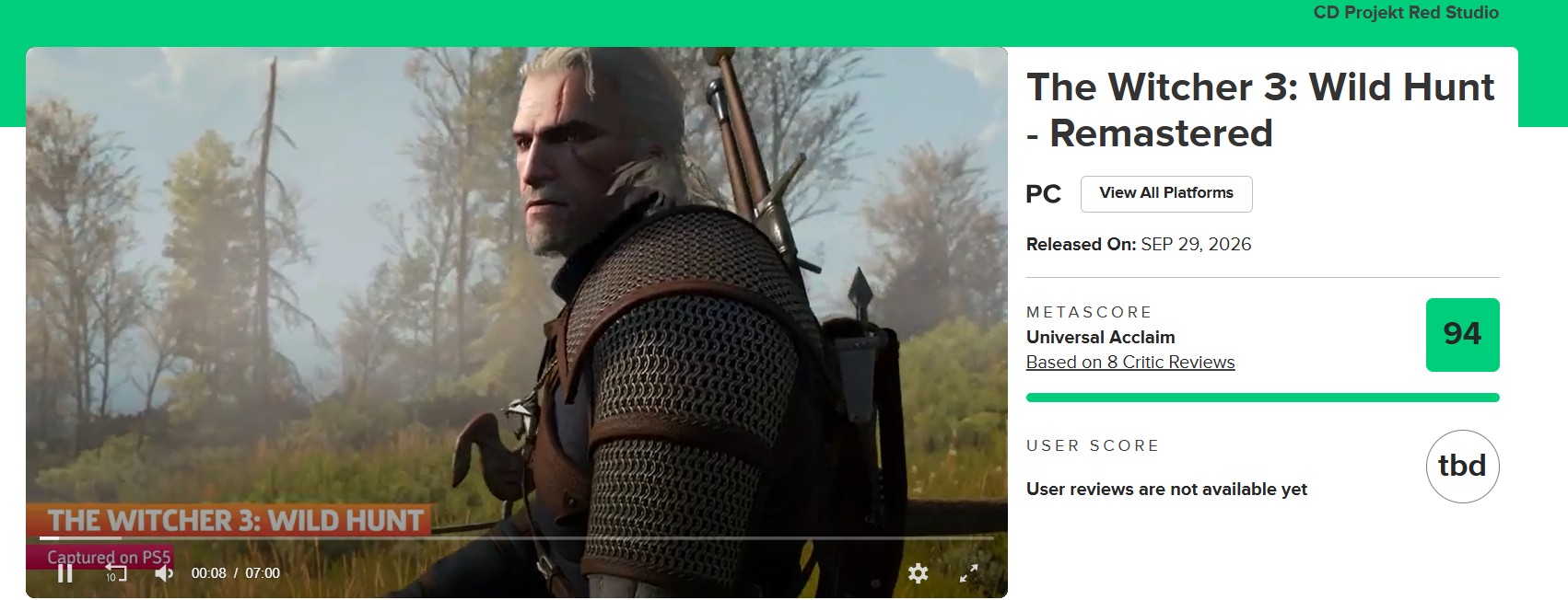 The Witcher 3: Remastered Metacritic