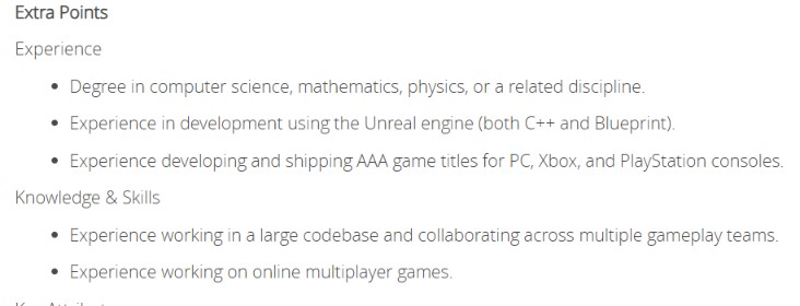 The listing for gameplay engineer seeks experience in online multiplayer games.