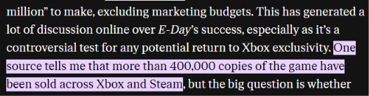 Gears of War: E-Day has only sold about 400k copies on Steam and Xbox combined, claims a credible insider.