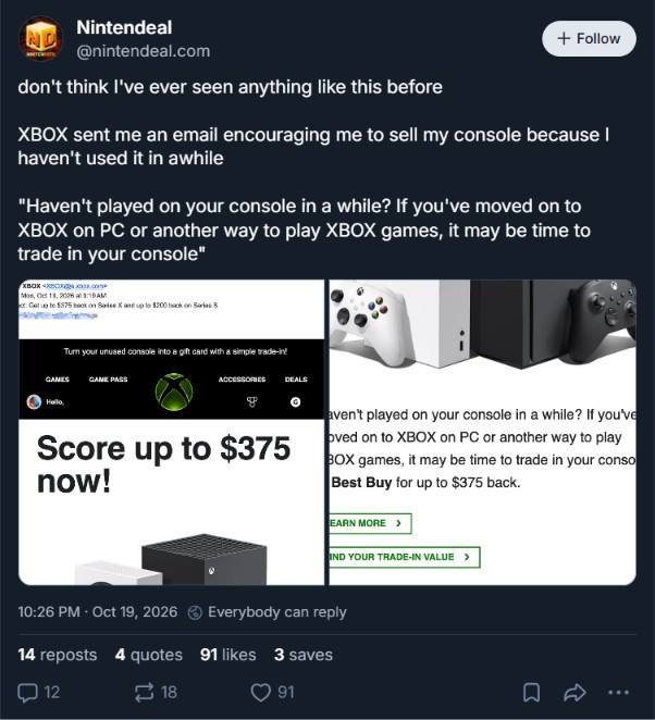 Xbox told a user to trade their Series console to Best Buy.
