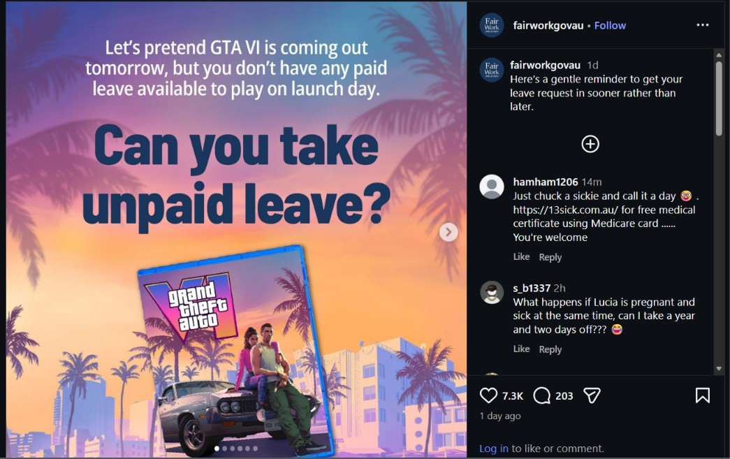 The Australian government agency is teaching people about unpaid leave through GTA 6.