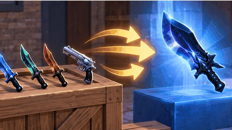 Several smaller MM2 weapons shown together opposite one upgraded blue knife.